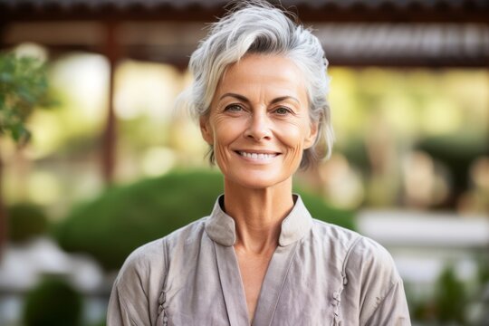 Close-up portrait photography of a grinning mature woman wearing a classy button-up shirt against a tranquil japanese garden background. With generative AI technology