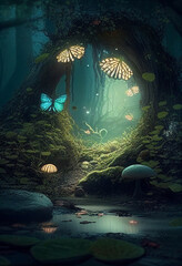 Magic forest with little glowing fairies. AI Generated