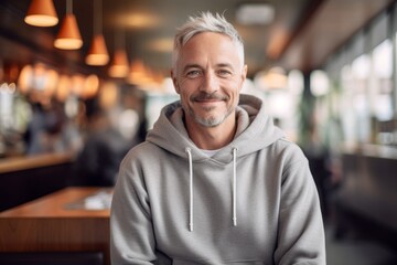 Conceptual portrait photography of a satisfied mature man wearing a stylish hoodie against a bustling cafe background. With generative AI technology