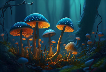 Fototapeta premium Magic glowing mushrooms in the forest. AI Generated