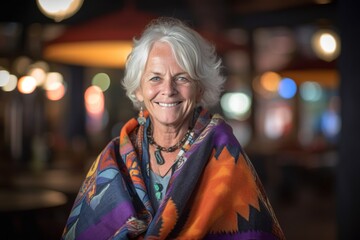 Headshot portrait photography of a glad mature woman wearing a unique poncho against a lively comedy club background. With generative AI technology