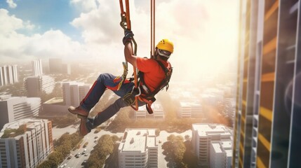 Generative AI construction worker falling from a height of under building construction site but has a safety harness device and tension zip line they are equipped with life-saving safety equipment  - obrazy, fototapety, plakaty