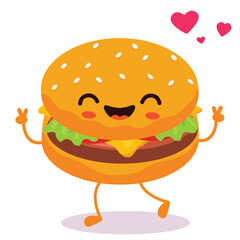 Happy smiling Kawaii cute burger. Vector flat cartoon character illustration icon design. Isolated on white background. burger, fast food