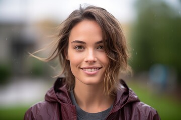 Fototapeta premium Headshot portrait photography of a satisfied girl in her 30s wearing a lightweight windbreaker against a bustling university campus background. With generative AI technology