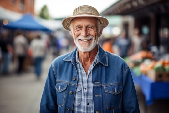 Lifestyle portrait photography of a grinning old man wearing a denim jacket against a vibrant farmer's market background. With generative AI technology