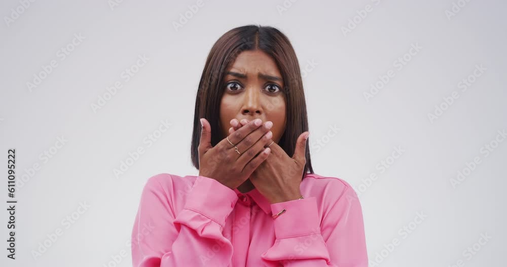 Poster Indian woman in shock, surprise and wow face, emotion and wtf expression on white background. Mockup space, portrait with shocked female person in studio, reaction to announcement or news with drama