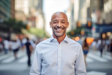 Fototapeta premium Lifestyle portrait photography of a joyful mature man wearing a classy button-up shirt against a bustling city square background. With generative AI technology