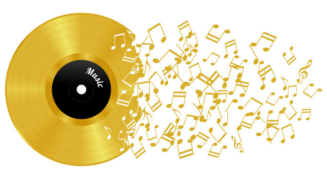 Abstract gold vinyl record with notes, transparent background