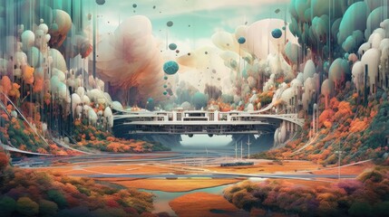 Transport yourself to a mesmerizing digital realm where technology, nature, and marketing collide in a landscape banner that exudes futuristic charm - Generated AI
