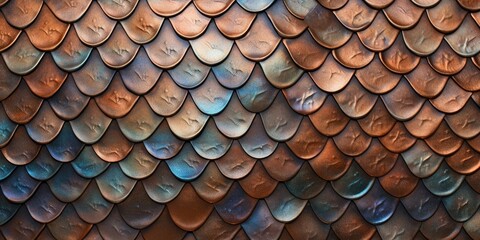 a horizontal format of hammered copper scales as a background in a Decor-themed, photorealistic illustration in JPG. Generative ai
