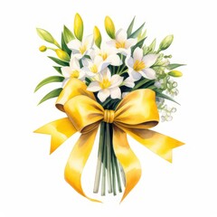 jasmine flower bouquet with a yellow tied bow ribbon,watercolor Illustration isolated on white background for wedding card, cover, invitations.Generative AI
