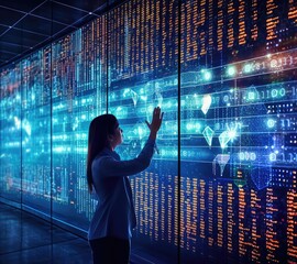 Big data technology, and data science with people touching data flowing on a virtual screen. Business analytics, artificial intelligence, analyzing the stream of data. in JPG. Generative AI