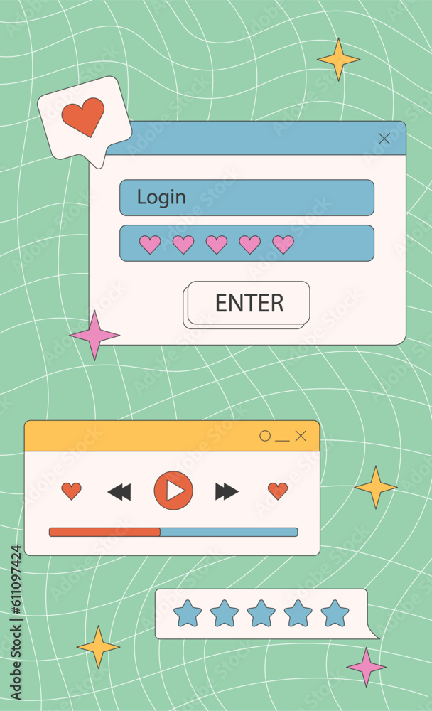 Poster vaporwave music template social media stories. retro desktop with frames, playlist and player elemen