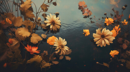 Beautiful autumn flowers and leaves against dark water background. Generative AI.