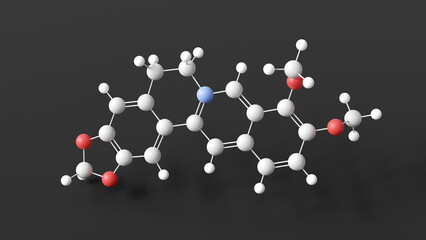 berberine molecule, molecular structure, quaternary ammonium salt from the protoberberine, ball and stick 3d model, structural chemical formula with colored atoms