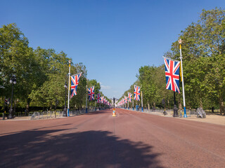Union flags on display along The Mall in London, UK