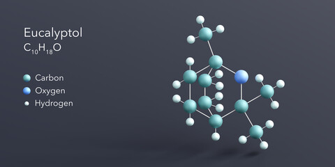 eucalyptol molecule 3d rendering, flat molecular structure with chemical formula and atoms color coding