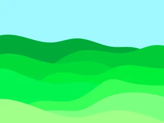Foto op Plexiglas Green wavy landscape with blue sky in minimalist style. Summer landscape with fields and meadows. Typographic boho decor for wrappers, posters and interior design. Vector illustration © andyvi