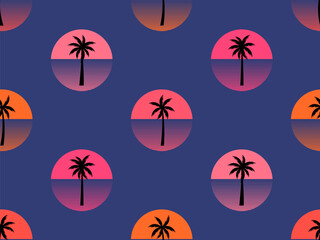 Seamless pattern with palm trees at sunset 80s retro style. Summer time, futuristic sun with palm trees in synthwave style. Design for print, promotional items, cover and poster. Vector illustration