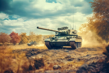 Main battle tank drives on a spectacular battlefield