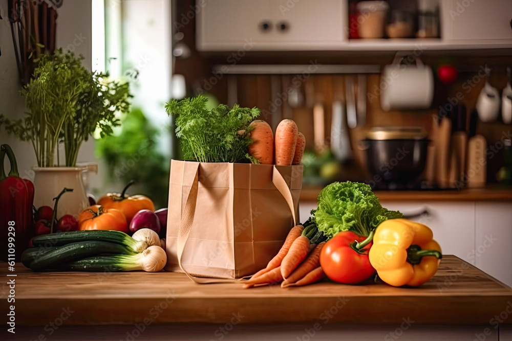 Wall mural Fresh vegetables in an ecological bag on the table, generative  ai