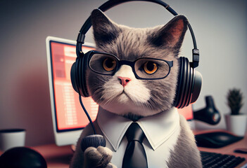 Call center employee cat. A cat with a telephone headset on its head answers customer calls. Support service. AI generated. - obrazy, fototapety, plakaty