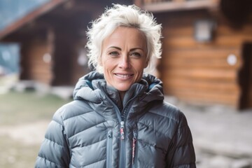 Medium shot portrait photography of a grinning mature girl wearing a lightweight windbreaker against a picturesque mountain chalet background. With generative AI technology