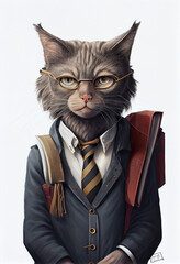 Portrait of a kitten of an elementary school student. Cat in a school uniform and with a briefcase for textbooks, isolated on white. AI generated.