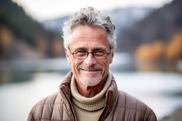 Headshot portrait photography of a satisfied mature man wearing a cozy sweater against a scenic hot springs background. With generative AI technology