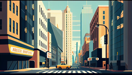 Big city street view, vector illustration style. AI generated.
