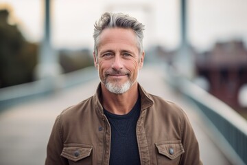 Headshot portrait photography of a satisfied mature man wearing comfortable jeans against a picturesque bridge background. With generative AI technology