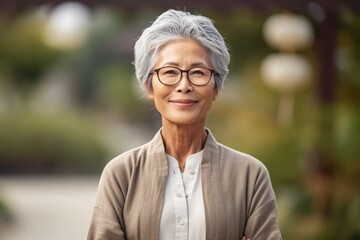 Lifestyle portrait photography of a glad mature woman wearing a chic cardigan against a peaceful zen garden background. With generative AI technology