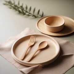 
eco crockery plates and forks made of wood,
Non-waste, environmentally friendly, disposable, cardboard, paper utensils for a picnic. side view. Generative AI