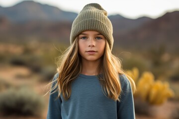 Lifestyle portrait photography of a glad kid female wearing a warm beanie or knit hat against a picturesque desert oasis background. With generative AI technology