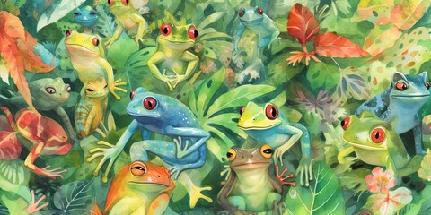a Horizontal format, Rainforest Frogs, background Pattern watercolor, Nature-themed,  photorealistic illustrations in JPG. Generative AI