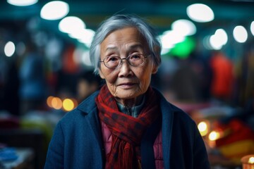 Fototapeta na wymiar Environmental portrait photography of a glad old woman wearing soft sweatpants against a lively night market background. With generative AI technology