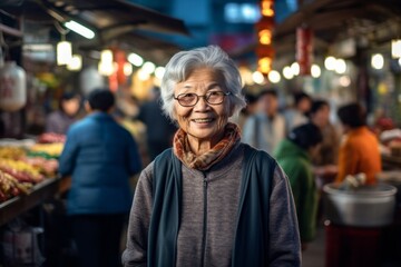 Obraz premium Environmental portrait photography of a glad old woman wearing soft sweatpants against a lively night market background. With generative AI technology