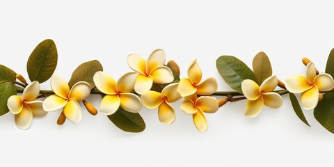 Fototapeta premium AI Generated. AI Generative. Plumeria frangipani flower tree branch close macro shot. Beautiful blossom spa relax vibe. Graphic Art