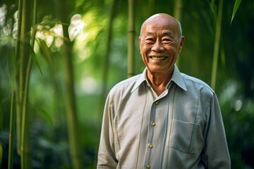Lifestyle portrait photography of a grinning old man wearing a classy button-up shirt against a tranquil bamboo grove background. With generative AI technology