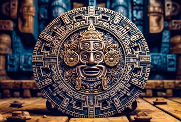 a large wooden aztec calendar, with an ancient sigil, dark white and bronze, generative ai - obrazy, fototapety, plakaty