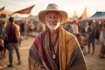 Medium shot portrait photography of a glad mature man wearing a unique poncho against a lively festival ground background. With generative AI technology