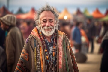 Obraz premium Medium shot portrait photography of a glad mature man wearing a unique poncho against a lively festival ground background. With generative AI technology