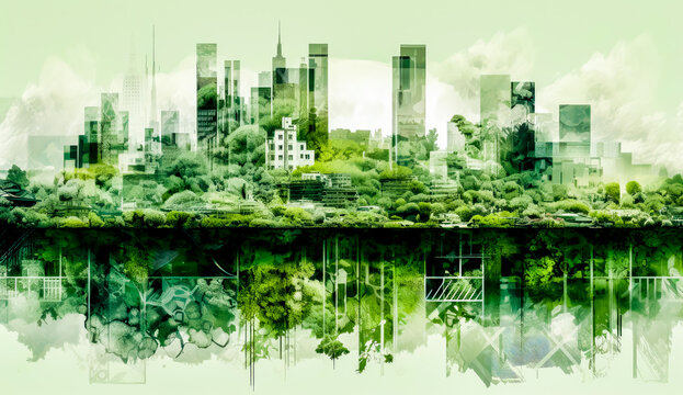 c2b environmental design regenerative cities, in the style of architectural abstraction, green, generative ai