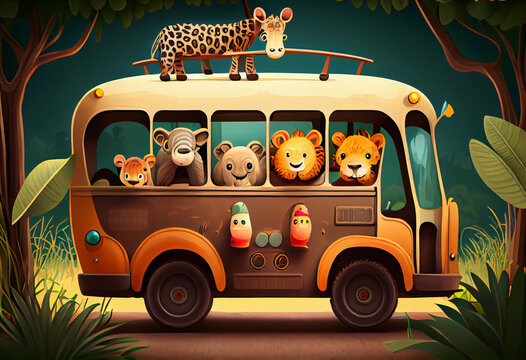 The animal children came on a jungle safari in a school bus. AI generated.
