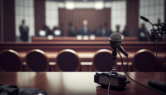 A Table In A Conference Room Ready For A Press Conference. Microphones, Voice Recorders And An Audience Of Journalists Are Out Of Focus In The Background. AI Generated.