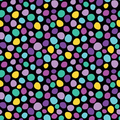 Black dots seamless vector pattern. Colorful small polka dots on black background.