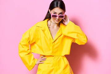attractive woman yellow trendy sunglasses beautiful beauty girl young lifestyle fashion