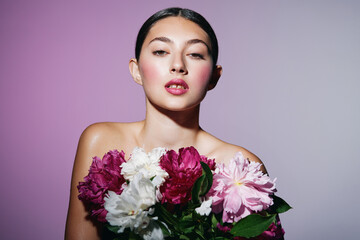 head woman make-up flower portrait face blush pink beauty model girl