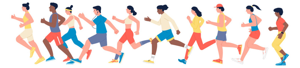 Fototapeta na wymiar Running people. Marathon athletes. Men and women jogging
