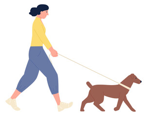 Young woman walking with dog on leash. Happy person
